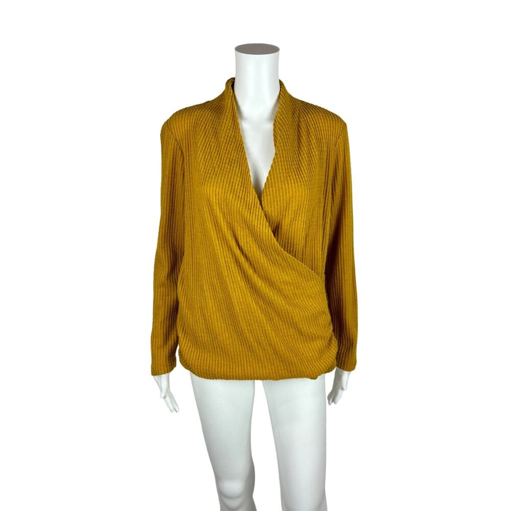 Pleione Wrap Top Women's Small Mustard Yellow Textured Long Sleeve Shirt